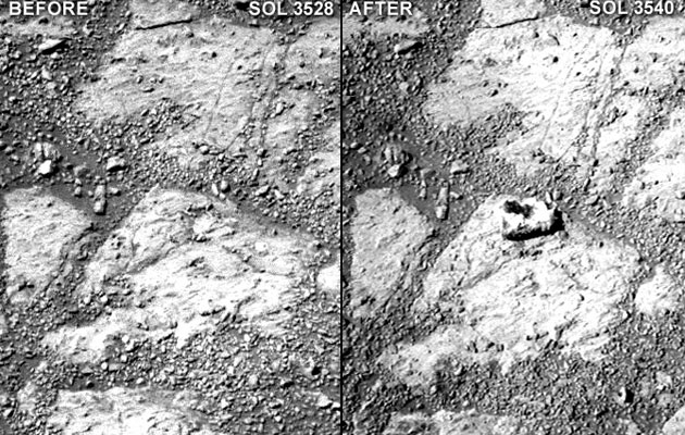 Comparison of two raw Pancam photographs from sols 3528 and 3540 clearly shows the mystery rock.