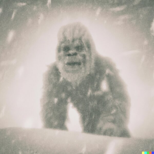 1950s photo of a Yeti in a snow storm