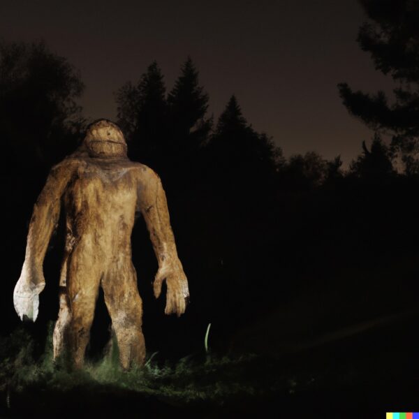 Bigfoot standing in a clearing at night