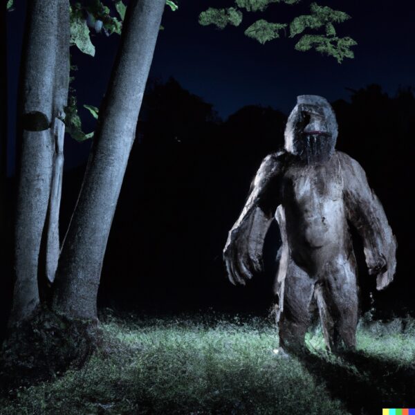Bigfoot standing in a clearing at night