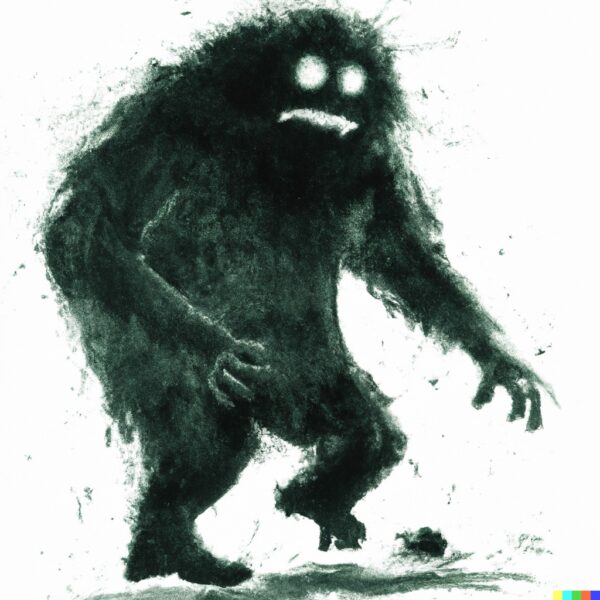 Charcoal drawing of Bigfoot in the style of Ralph Steadman