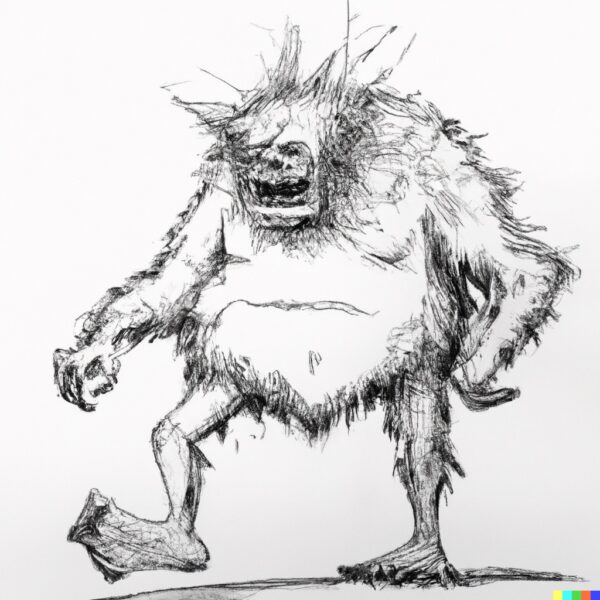 Drawing of Bigfoot in the style of Ralph Steadman